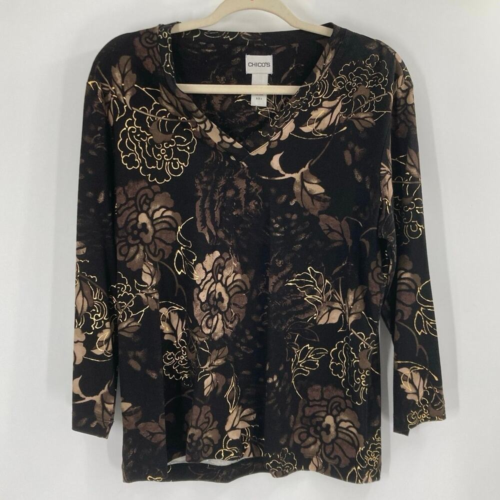 Chico’s Taipo 3/4 Sleeve Black Brown Floral Rayon Blend Top Women’s Size 2 Med